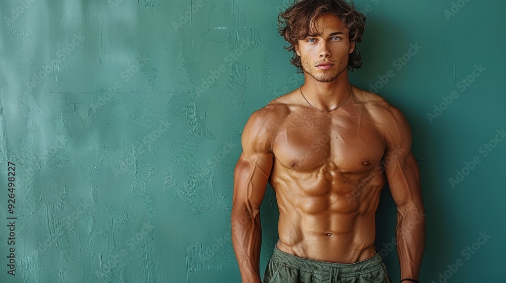Obraz premium Young man posing confidently against a green wall, showcasing a well-defined muscular physique during daylight