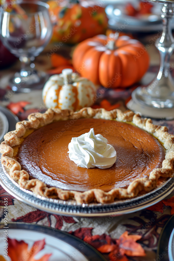 A close-up of a pumpkin pie with a decorative crust, topped with a dollop of whipped cream, set on a Thanksgiving-themed table with seasonal decorations. A close-up of a pumpkin pie with a decorative crust, topped with a dollop of whipped cream, set on a Thanksgiving-themed table with seasonal decorations.