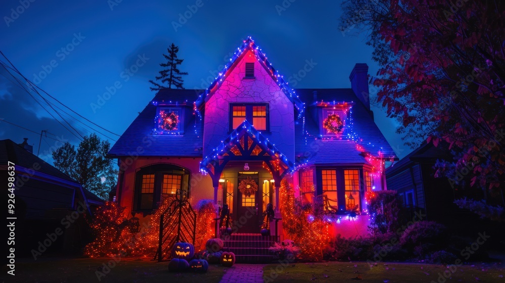 Fototapeta premium The exterior of a house fully decorated with Halloween lights and spooky props.