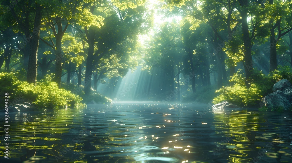 A tranquil river scene where John the Baptist baptizes Jesus, sunlight streaming through the trees, creating a halo effect, clear water reflecting the scene, lush forest surroundings, A tranquil river scene where John the Baptist baptizes Jesus, sunlight streaming through the trees, creating a halo effect, clear water reflecting the scene, lush forest surroundings,