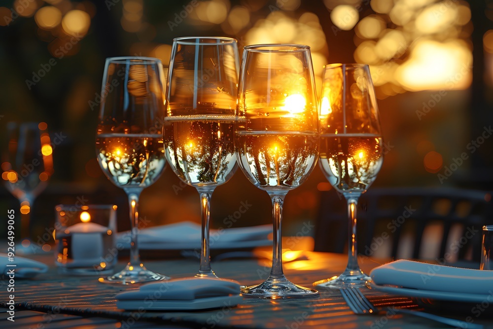 Elegant Outdoor Evening Dining with Wine Glasses at Sunset - Perfect for Romantic Dinner Settings Elegant Outdoor Evening Dining with Wine Glasses at Sunset - Perfect for Romantic Dinner Settings