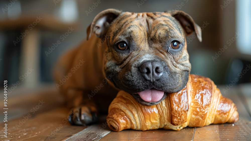 Fototapeta premium A dog is holding a croissant in its mouth. The dog appears to be happy and playful