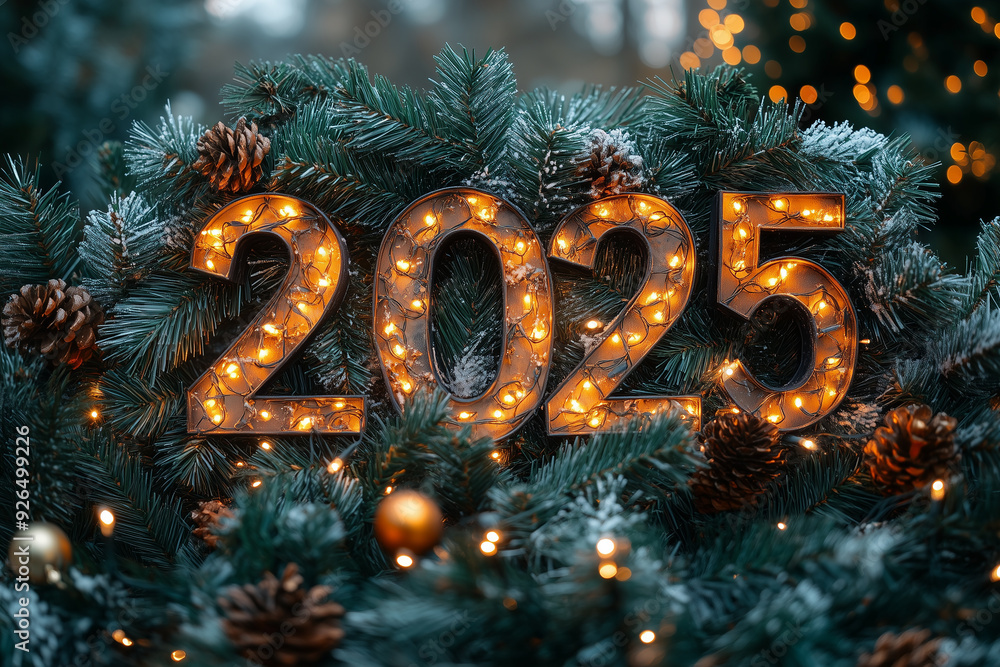 2025, Number 2025 made from christmas tree, garlands on white background 2025, Number 2025 made from christmas tree, garlands on white background