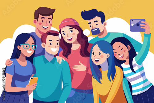 Happy friends guys and girls take a selfie. Photo of young people made on a smartphone. Vector illustration
