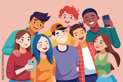 Happy friends guys and girls take a selfie. Photo of young people made on a smartphone. Vector illustration
