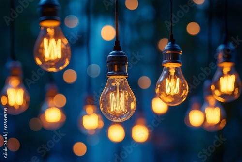 A captivating image of multiple warmly lit hanging light bulbs glowing brightly against a dark, blurred background. photo