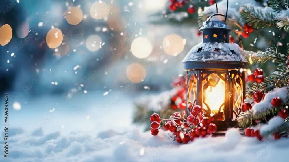 Cute Christmas Scene: Lantern, Snowfall, and Red Berries in a Winter Wonderland Cute Christmas Scene: Lantern, Snowfall, and Red Berries in a Winter Wonderland
