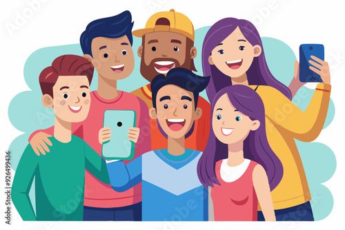 Happy friends guys and girls take a selfie. Photo of young people made on a smartphone. Vector illustration
