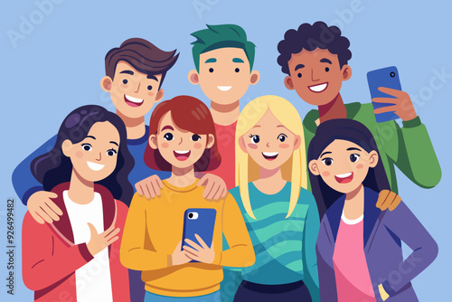 Happy friends guys and girls take a selfie. Photo of young people made on a smartphone. Vector illustration
