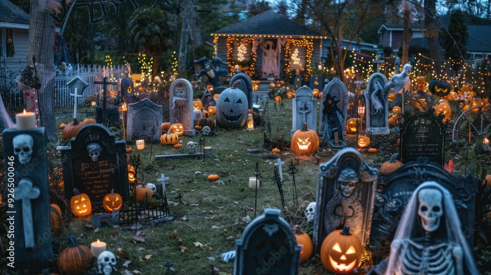Obraz premium A yard filled with various Halloween decorations including tombstones, ghosts, and spiders.