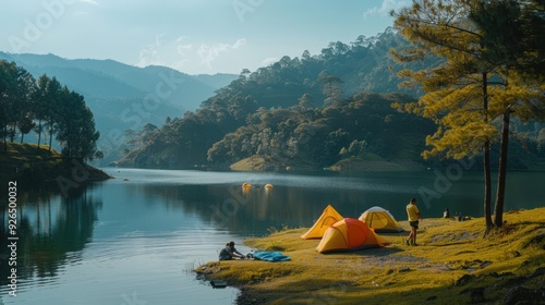 Camping by a Lake: A group of friends setting up tents by a serene lake.