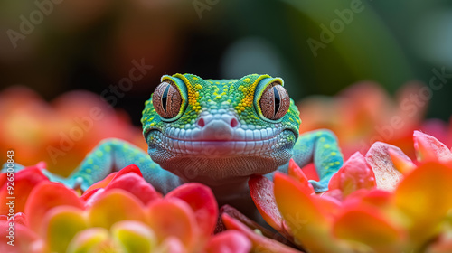 A green lizard is sitting on a red flower. The lizard is looking at the camera with its mouth open photo