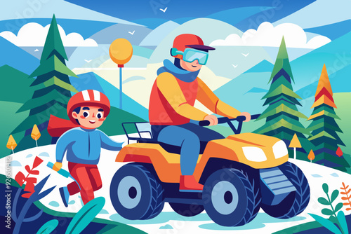 Active holidays. Quad biking. Man and boy are riding a quad bike
