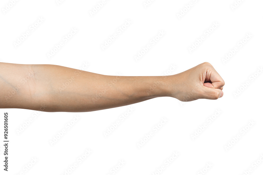 Fototapeta premium Man hand with fist gesture isolated on white background. Clipping path included. top view