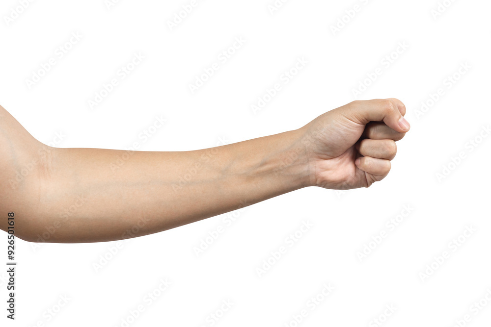 Man hand with fist gesture isolated on white background. Clipping path included. side view Man hand with fist gesture isolated on white background. Clipping path included. side view