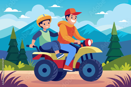 Active holidays. Quad biking. Man and boy are riding a quad bike
