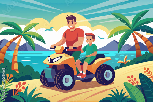 Active holidays. Quad biking. Man and boy are riding a quad bike
