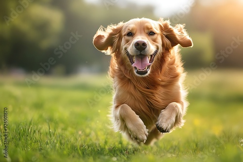 A joyful Golden Retriever sprinting through a sunny meadow, with its fur flowing and a big, happy grin on its face