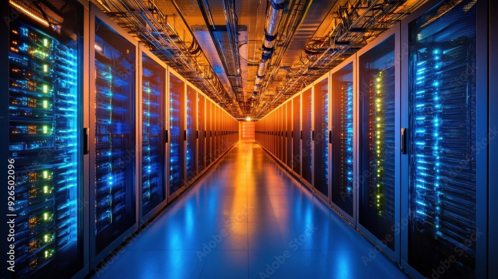 A night view of a data center with only the blue lights of servers illuminating the space, A night view of a data center with only the blue lights of servers illuminating the space,