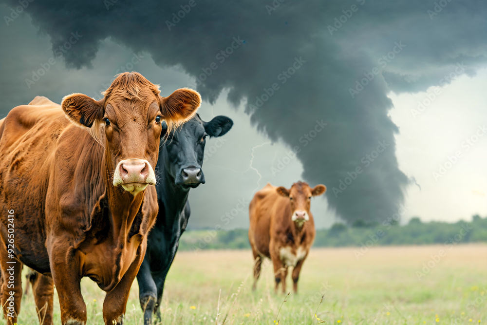 Cows in a field with tornado, copyspace Cows in a field with tornado, copyspace