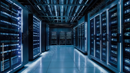  Data center with illuminated server racks and cable management systems at night