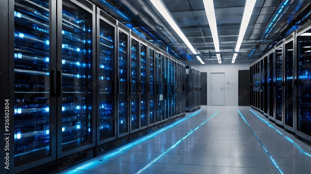 Fototapeta premium Data center with illuminated server racks and cable management systems at night