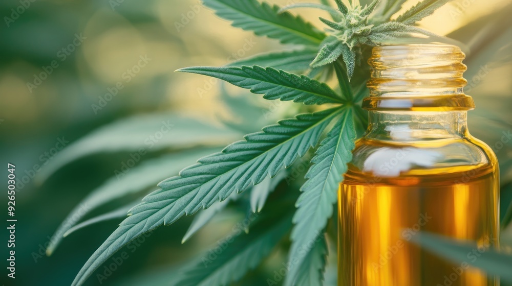 Close-up of cannabis oil bottle with a marijuana leaf, representing the medical benefits and natural healing properties of the extract Close-up of cannabis oil bottle with a marijuana leaf, representing the medical benefits and natural healing properties of the extract