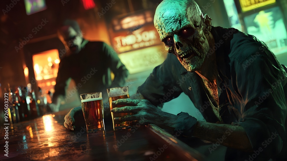 Digital Art of a Horror Maniac Sitting at the Bar, Drinking Beer – A Sinister and Chilling Scene with Detailed, Eerie Atmosphere Digital Art of a Horror Maniac Sitting at the Bar, Drinking Beer – A Sinister and Chilling Scene with Detailed, Eerie Atmosphere