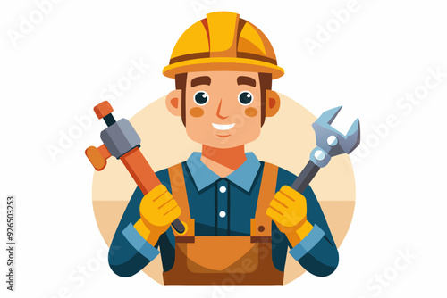 Builder man in a hard hat and with tools. Foreman or construction worker on a white background
