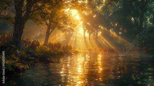 John baptizing Jesus in a peaceful river, crowd of onlookers on the riverbank, sunlight breaking through the canopy, casting divine light, clear water reflecting the scene, lush forest backdrop,