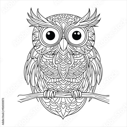 Coloring page for adults, coloring book with an owl, black and white graphics with a curly pattern.
