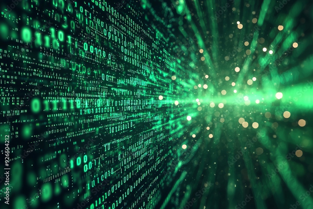 Green Dark Binary Code with Data Streaming Background created with Generative AI Green Dark Binary Code with Data Streaming Background created with Generative AI