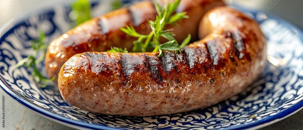 Close-Up of Grilled Bavarian Sausage on a Plate, Traditional German Cuisine for Oktoberfest Close-Up of Grilled Bavarian Sausage on a Plate, Traditional German Cuisine for Oktoberfest