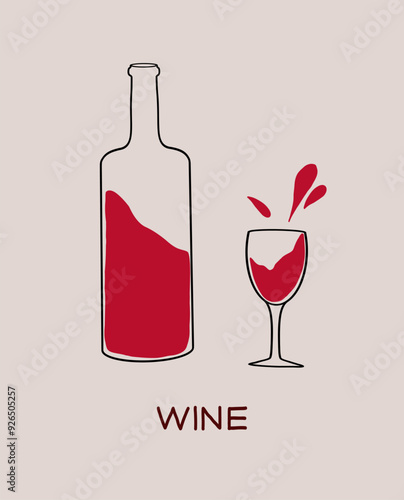 A bottle of red wine next to a glass filled with wine spilling over, showcasing a casual drink setting