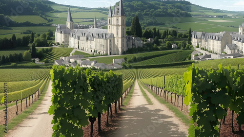 Champagne - illusion, vineyard, castle, countryside, landscape, greenery, vines, nature, architecture, rural, agriculture, summer, path, scenic, tourism