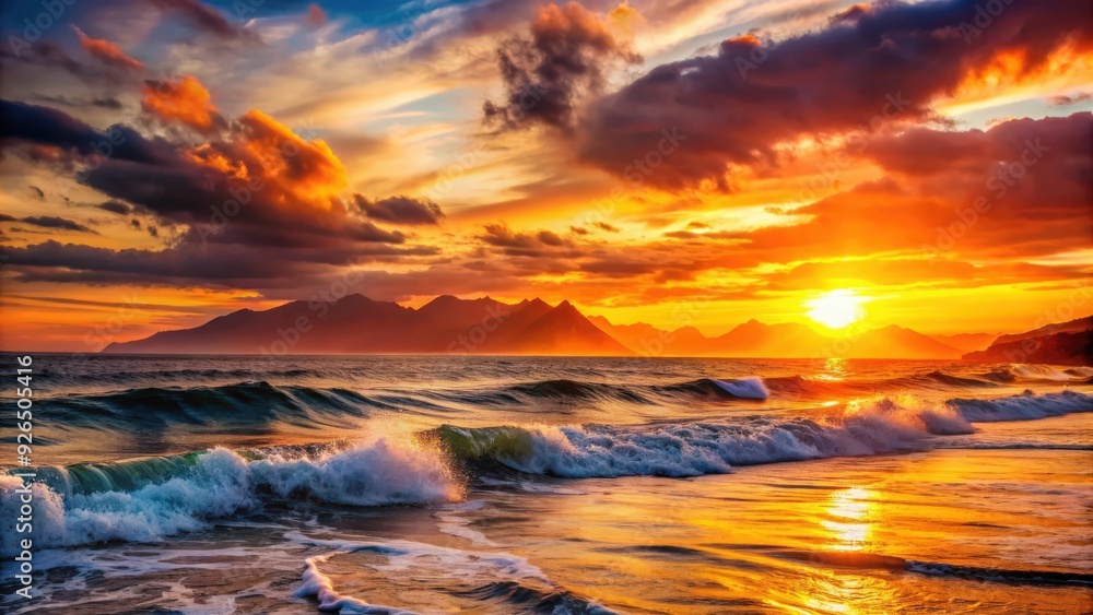 Fototapeta premium Vibrant sunset over ocean with orange sky, mountains, and waves crashing, sunset, ocean, orange sky, mountains, waves, water