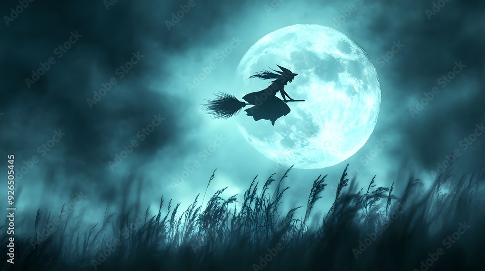 Silhouette of a Witch Flying on a Broom Against the Light of a Full Moon. Silhouette of a Witch Flying on a Broom Against the Light of a Full Moon.