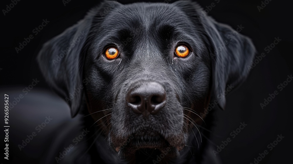 Black labrador retriever with expressive amber eyes against a dark background Black labrador retriever with expressive amber eyes against a dark background