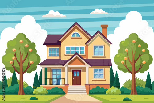 Residential two story cozy house. The property. Facade of a country building with a lawn and trees against the backdrop of the city. Cottage rent.
