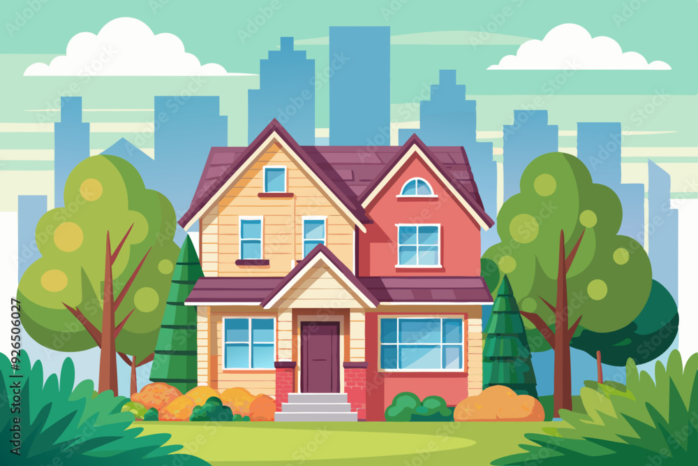 Residential two story cozy house. The property. Facade of a country building with a lawn and trees against the backdrop of the city. Cottage rent.
Residential two story cozy house. The property. Facade of a country building with a lawn and trees against the backdrop of the city. Cottage rent.