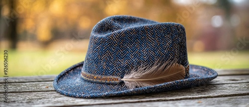 Traditional Bavarian Hat with Feather Decoration in Autumn Setting, Authentic Oktoberfest Attire photo