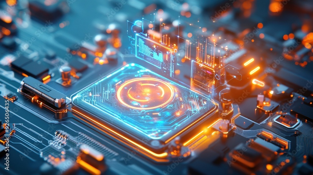 Fototapeta premium Top-down view of a futuristic data center with holographic interfaces,