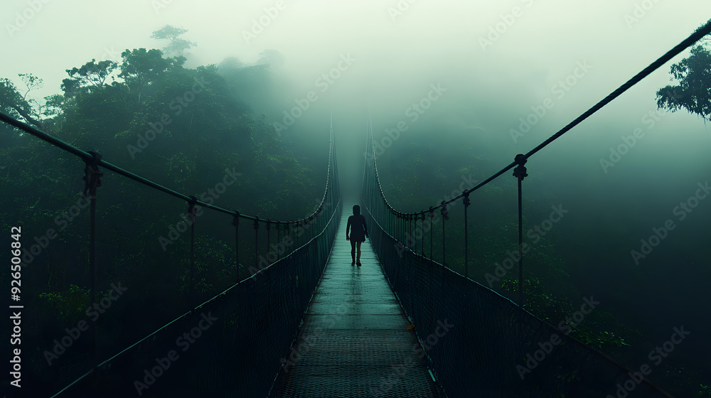 Obraz premium Mysterious Person Walking on a Foggy Suspension Bridge