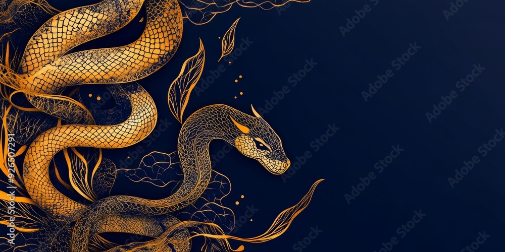 Obraz premium Enchanting 2025 Lunar New Year: Abstract Creative Snake Zodiac Design with Floral Motifs and Lanterns. Golden Serpent on Deep Blue Background for Festive Marketing, Web Posters, and Dreamy 4K Wallpape