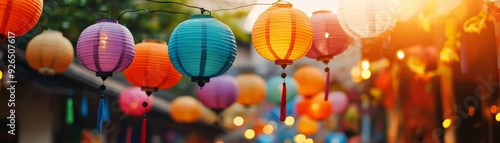 Colorful lanterns hanging outdoors, glowing with warm light in a festive street, capturing the vibrant and joyous atmosphere of a cultural celebration.