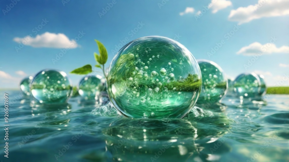 A close-up of a soap bubble with leaves inside. Natural background. Green leaves in soap bubble A close-up of a soap bubble with leaves inside. Natural background. Green leaves in soap bubble