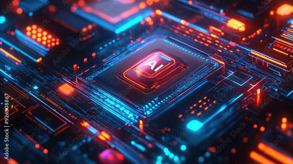 Close-up of AI chip on a futuristic circuit board, illuminated with ...