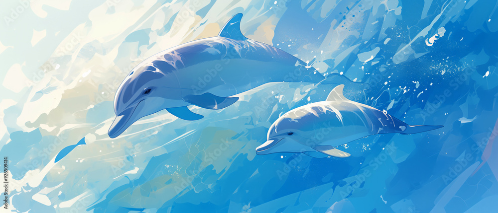 Obraz premium A mother and baby dolphin swimming in clear blue water, watercolor style