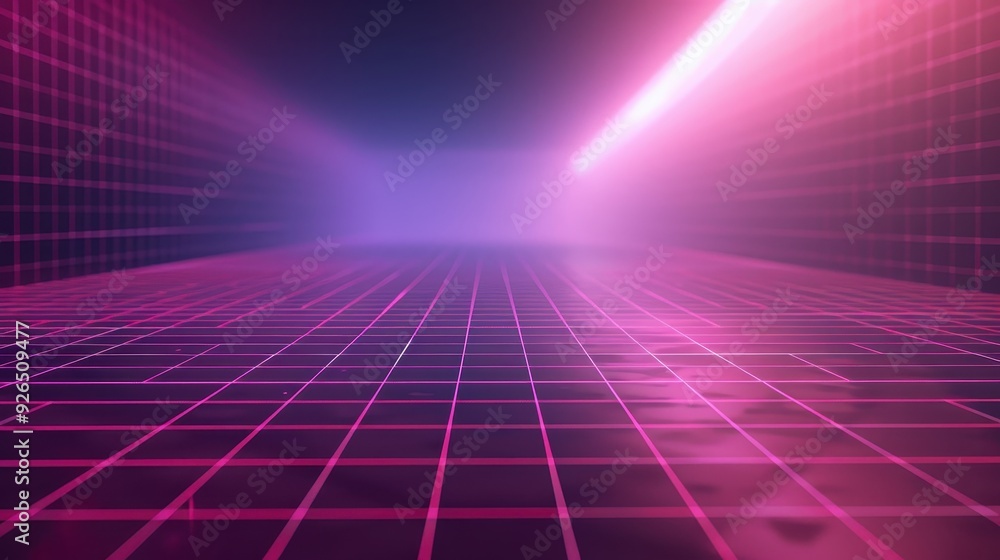A futuristic neon grid extending into a bright horizon in a digital abstract background. A futuristic neon grid extending into a bright horizon in a digital abstract background.