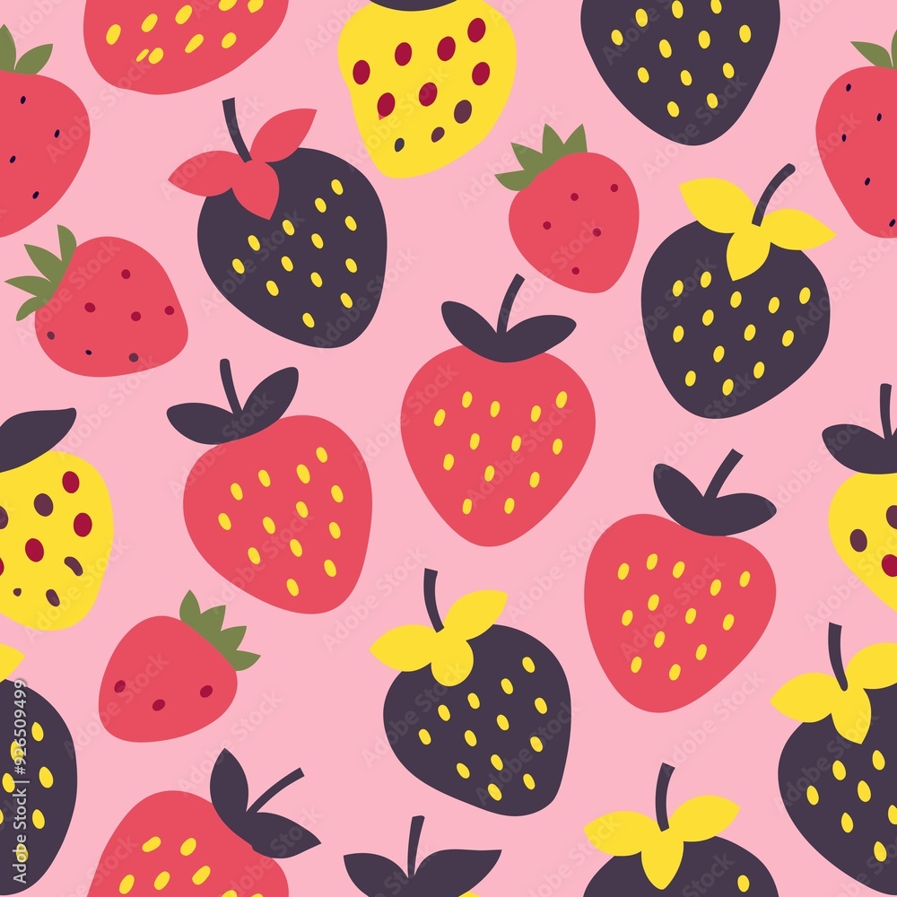 Seamless strawberry pattern, retro style graphic design strawberries in red, yellow and black on pink background Seamless strawberry pattern, retro style graphic design strawberries in red, yellow and black on pink background